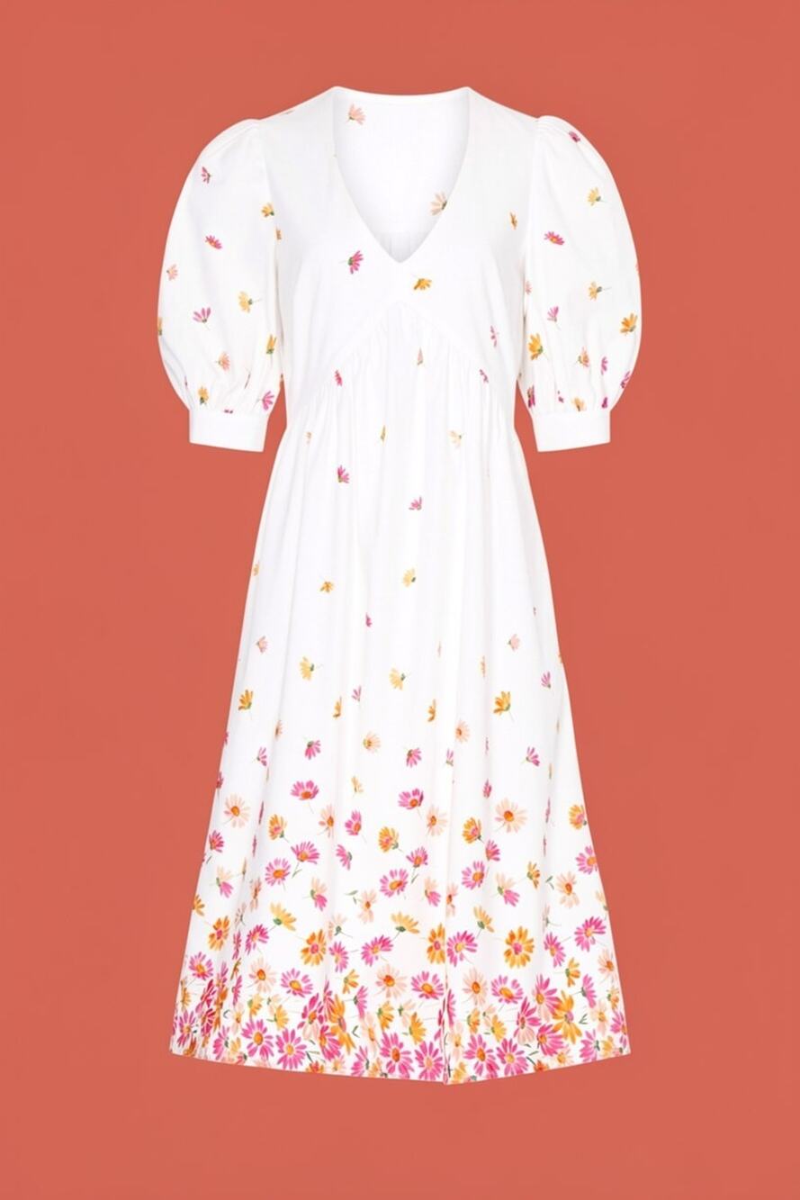 ARIAS New York White Floral Gathered Midi Dress Size 6